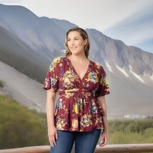 Kiyonna Top Encore Style 1X Floral Flutter Sleeves Empire Waist Spring Colorful